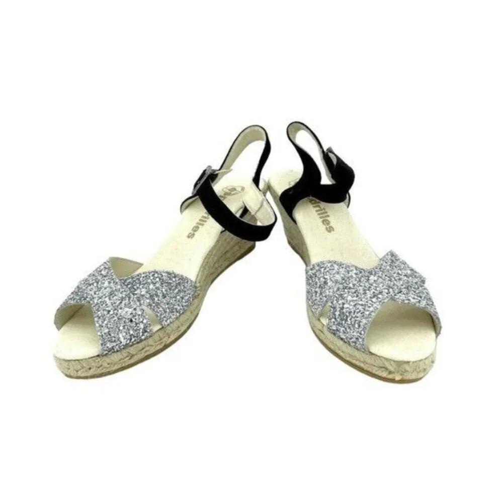 ESPADRILLES Boem Wedge Sandals Silver Glitter Black Suede Sz 42 US 11.5 US NIB